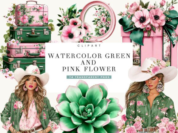 Download Watercolor Green and Pink Flower Clipart - Pink flower Collection