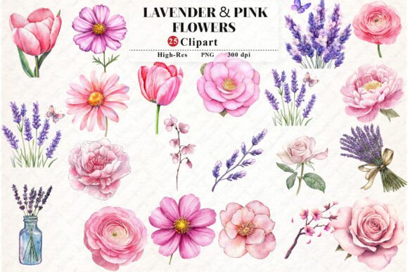 Download Lavender &amp; Pink Flowers Watercolor - Pink flower Collection