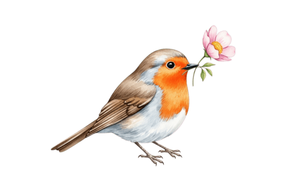Download Cute Robin Bird Holding Pink Flower - Pink flower Collection