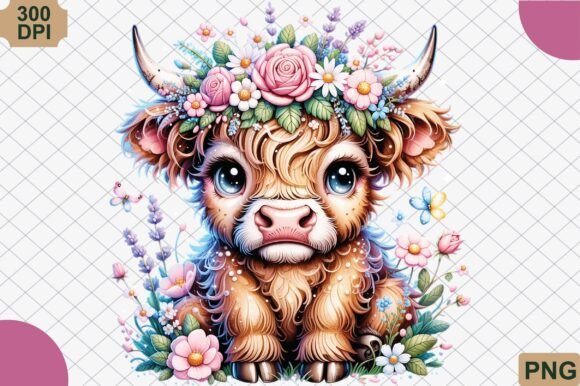 Download Boho Highland Cow and Pink Flowers PNG - Pink flower Collection